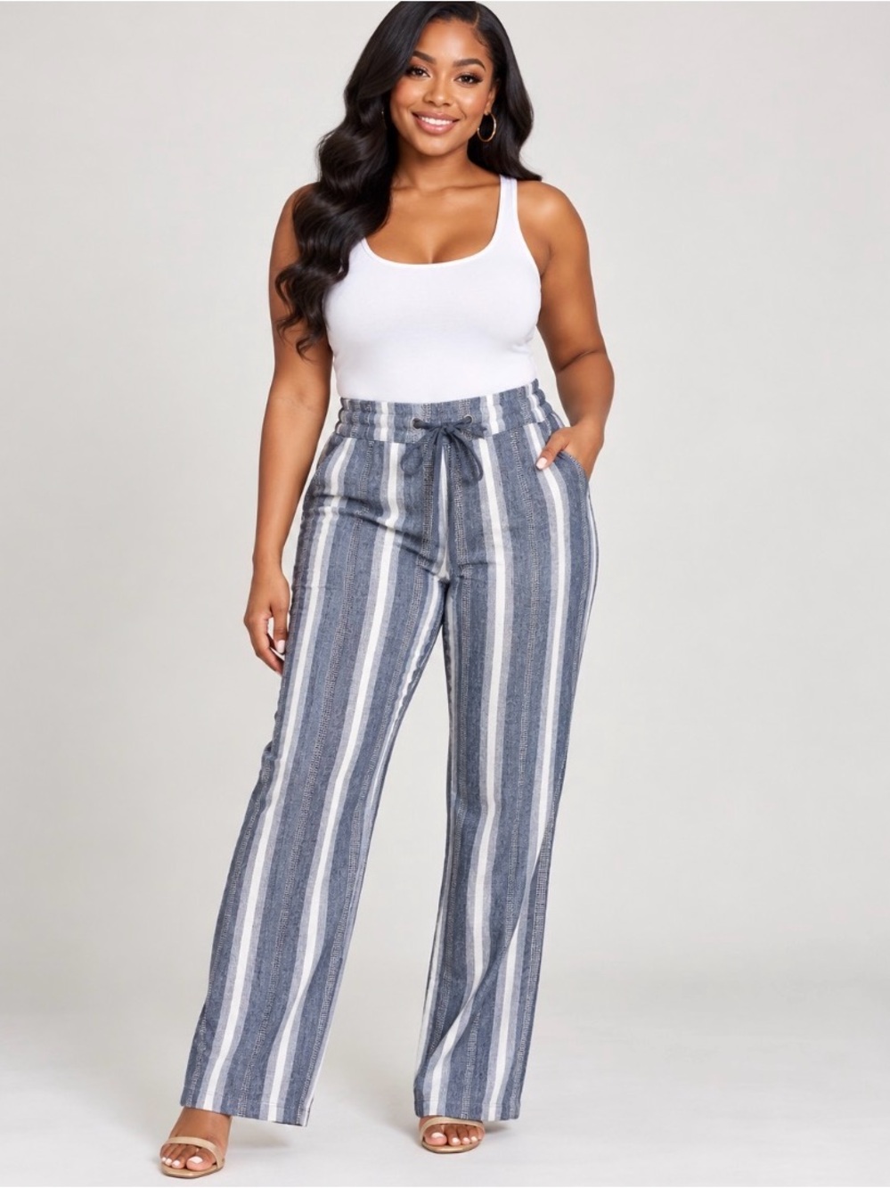 For Cynthia Linen Striped Wide-Leg Tie-Waist Pants